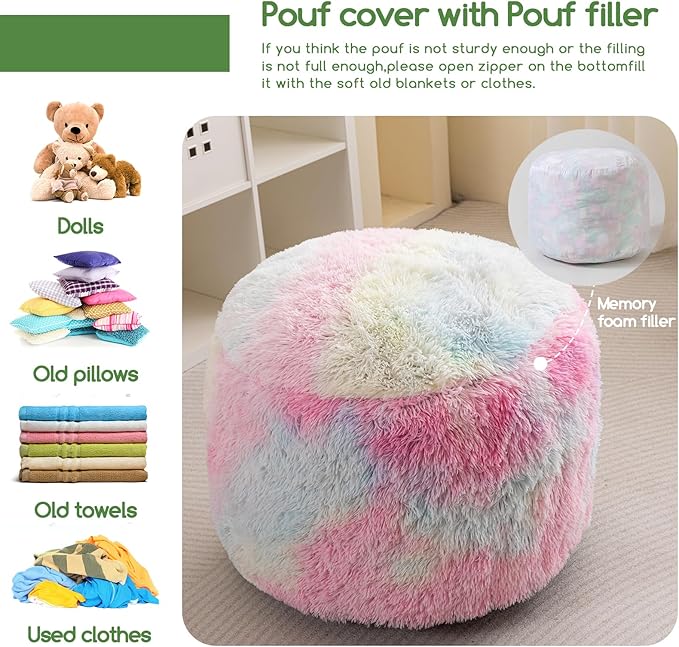 HIGOGOGO Round Stuffed Pouf Ottoman, Long Faux Fur Poufs with Foam Chunk Filling, Fluffy and Furry Pouf Foot Stool Storage Ottoman, 20 X 15 Floor Poufs Foot Rest for Living Room, Rainbow-DeskLoop Office