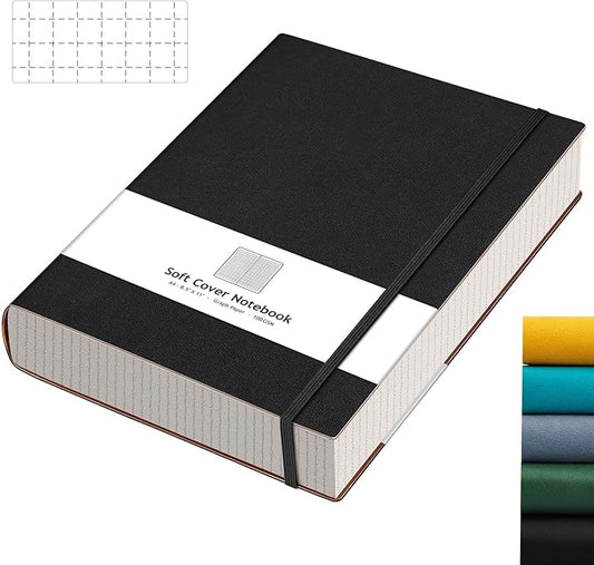 AHGXG Graph Paper Notebook - Grid Paper Notebook Large A4 8.5''×11'', 320 Pages Thick Journal, 100gsm Thick Graph Paper, Leather Softcover, Inner Pocket - Black-DeskLoop Office