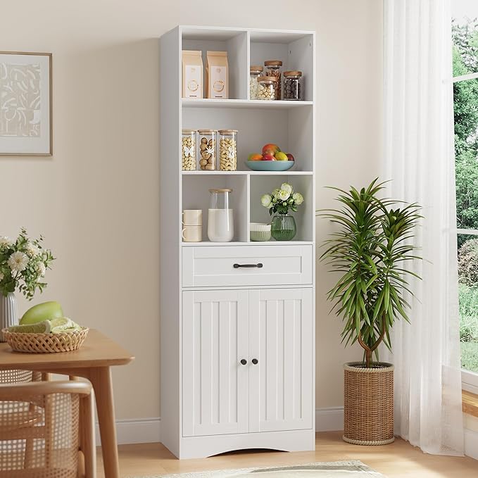Gizoon Storage Cabinet, 71'' H Kitchen Storage Cabinet with Doors & Drawers, Kitchen Pantry with Adjustable Shelves, Anti-tip, Metal Handle, for Living Room, Office, Bathroom, White-DeskLoop Office