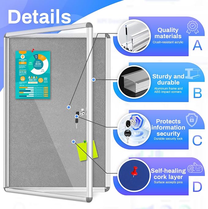Magula 38"x28" Enclosed Bulletin Board Tamper-Proof Dispaly Case, Aluminium - Image 4