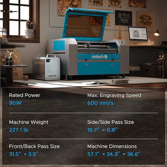 OMTech 90W CO2 Laser Engraver with LightBurn, 28"x20" Cutting & Engraving Machine with Air Assist, 4-Way Pass, Caster Wheels, RDWorks, for Wood, Glass, Acrylic & More-DeskLoop Office