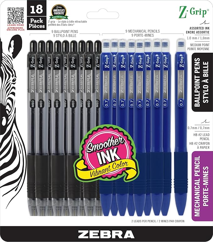 Zebra Pen Z-Grip Writing Set, Retractable Ballpoint Pens and Mechanical Pencils by ZebraPen