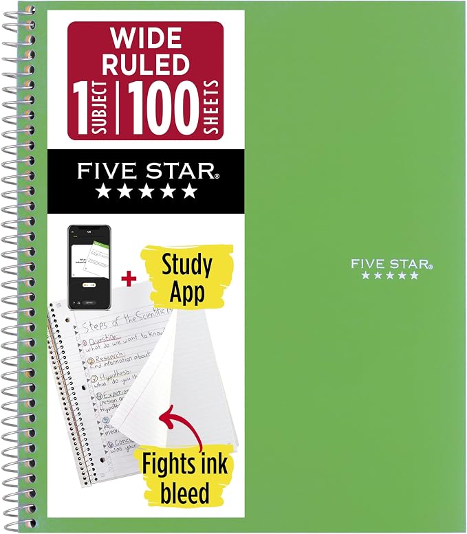 Five Star Spiral Notebook + Study App, 1 Subject, Wide Ruled Paper, 100 Sheets by FiveStar