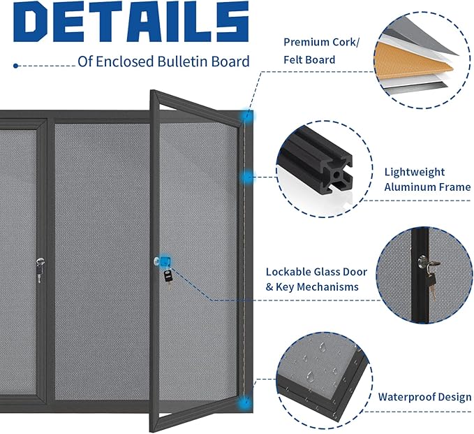 Enclosed Bulletin Board Lockable,Double-Door Weatherproof Outdoor Noticeboard with Locking Door, Wall-Mounted Aluminum Framed Presentation Board, 44x32 Inch (8xA4)-DeskLoop Office