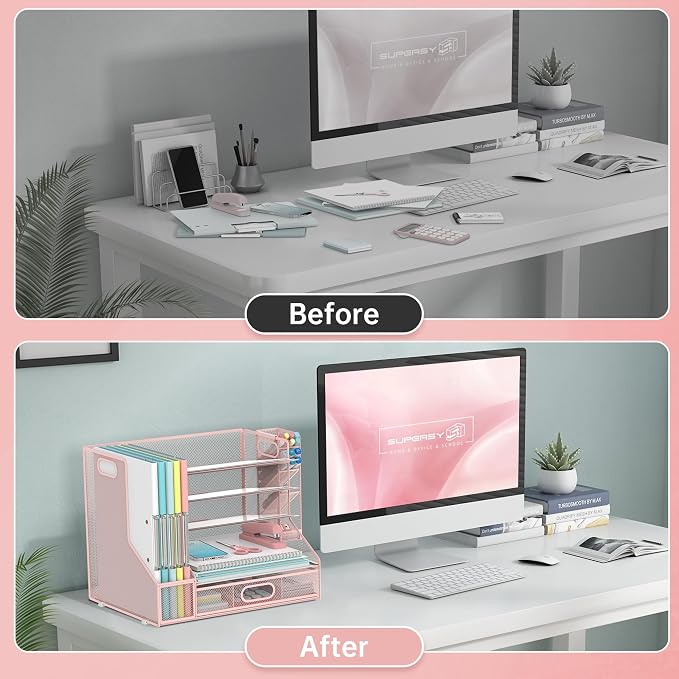 SUPEASY Desk Organizer with File Holder, 5-Tier Mesh Paper Organizer Letter - Image 4