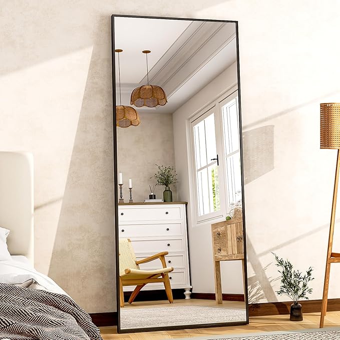 Full Length Mirror 64"x21" Black, Rectangle Wall-Mounted or Standing Full Body Mirror for Bedroom, Living Room, Dressing Floor Mirror-DeskLoop Office