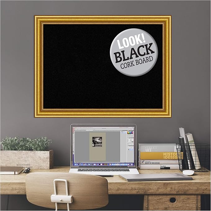 Amanti Art Black Cork Board for Wall, 24x32 Vision Board with Gold Wood Frame, Medium Corkboard Office Decor for Home Organization, Traditional Corkboard Pinboard to display items for home-DeskLoop Office
