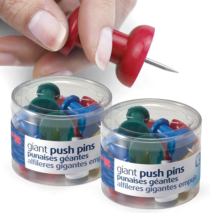 Officemate Giant Push Pins, 1.5" Assorted Colors, 2 Tubs of 12 by Officemate