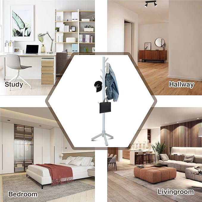 Haddockway Wooden Coat Rack Stand with 8 Hooks New Zealand Pine 3 Adjustable Coat Standing Tree Easy Assembly for Coats, Hats, Scarves and Handbags for Entryway, Hallway, Bedroom, Office-DeskLoop Office