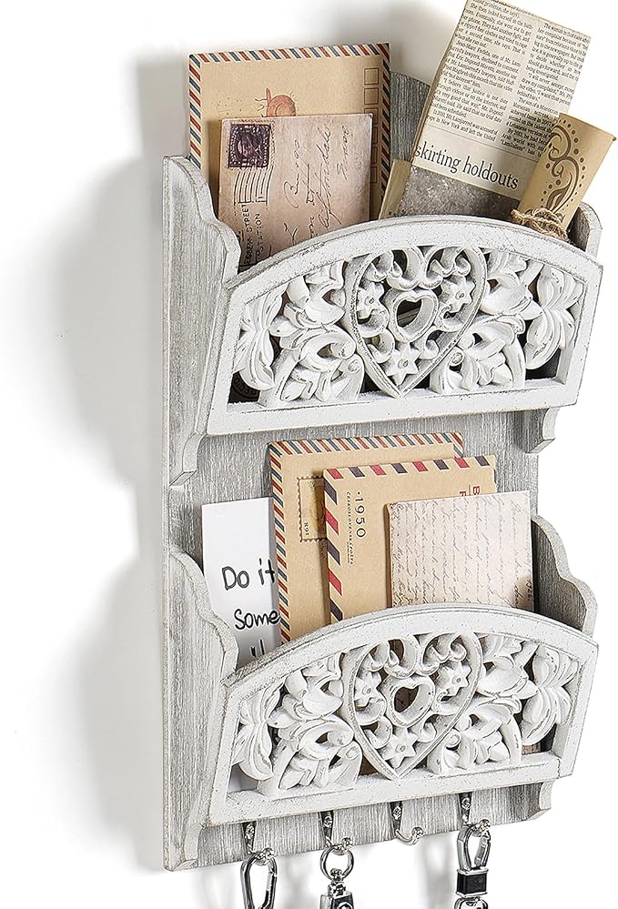 Mail Organizer with Key Holder, 2-Slot Mail Holder with 4 Key Hooks by JAZUIHA
