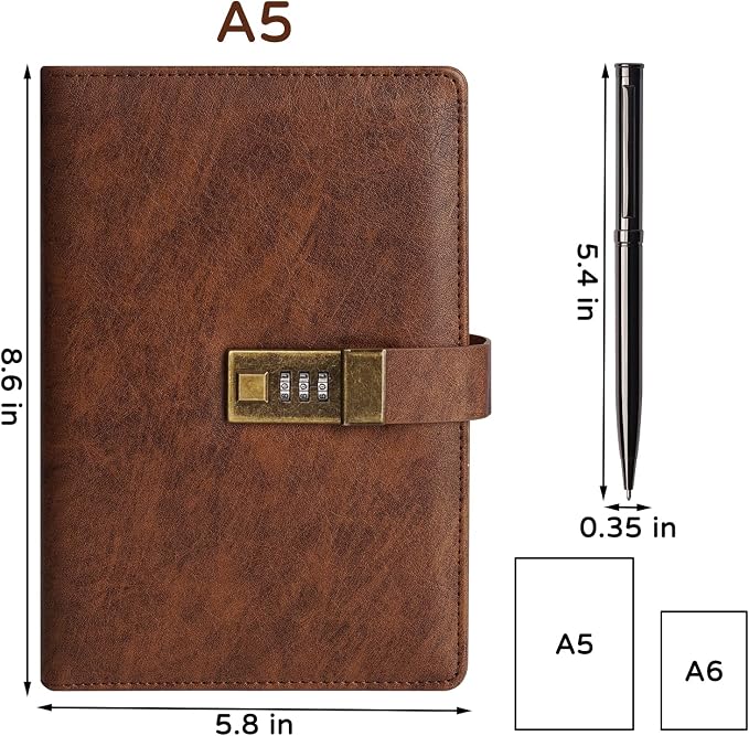 WEMATE Diary with Lock, A5 PU Leather Journal with Lock 240 Pages, Vintage - Image 4