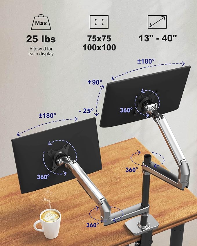 Dual Monitor Mount, Holds Screens up to 40 Inches and 25 lbs, Fully Adjustable Dual Monitor Arm with C-Clamp and Grommet Base, Aluminum, Silver-DeskLoop Office