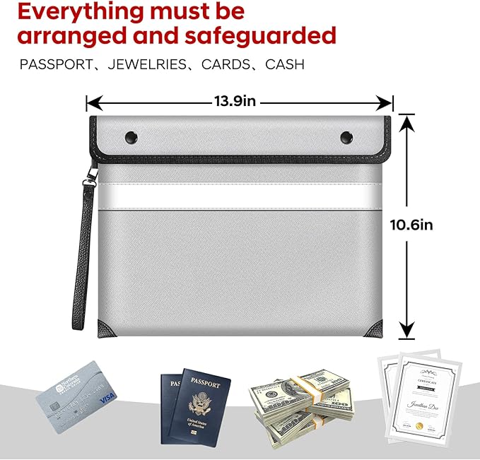 Fire Proof Bag For Documents,5200°F Heat Insulated Fire Proof Pouch with Soft Leather Hand Strap,13.9x10.6 Inch Fireproof Money Bag for Cash/Documents/Valuables(Silvery)-DeskLoop Office