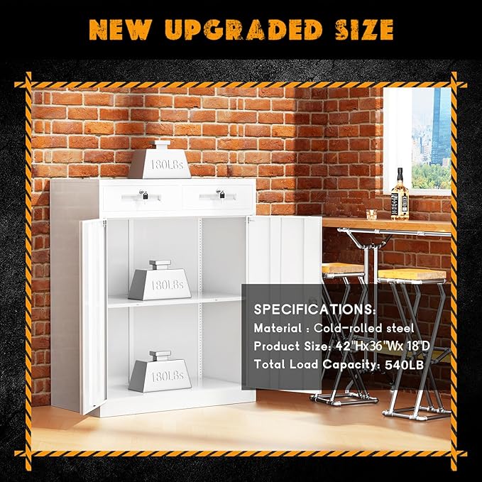 Greenvelly Metal Storage Cabinet, 42' White Steel Garage Cabinet with 2 Doors, Adjustable Shelves, Locking for Office, School or Tool Organization-DeskLoop Office