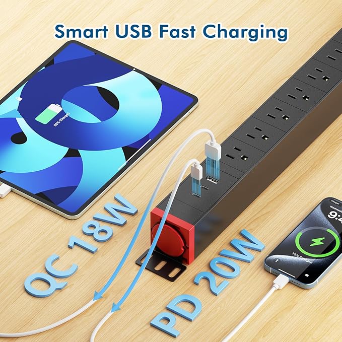 360° Rotating Mountable Power Strip with USB Ports, 8 Outlet Surge Protector Power Strips Wall Mount, Metal Heavy Duty Versatile Outlet with 6FT Power Cord,For Home Office Industrial Garage Commercial-DeskLoop Office