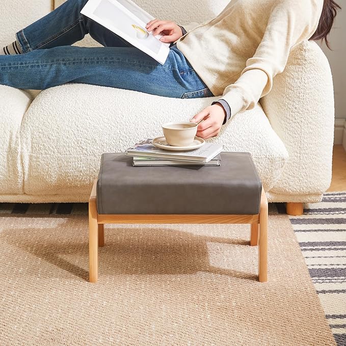 IBUYKE 10.2” H Small Foot Stool Ottoman, Rectangle PU Faux Leather Foot Rest with Padded Seat and Wood Legs, Modern Accent Ottoman Foot Rest for Living Room Bedroom Couch Office, Grey WBD013G-DeskLoop Office