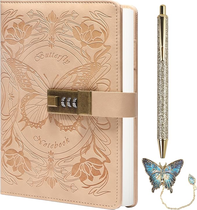 TIEFOSSI Diary with Lock for Women Girls, Lined Locked Journal, Butterfly Journal Notebook with Pen and Bookmark, A5 Refillable Locking Journals for Writing, 224 Numbered Pages-DeskLoop Office