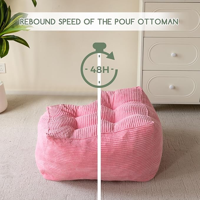 HIGOGOGO Square Stuffed Pouf Ottoman, Corduroy Poufs with Foam Chunk Filling, Furry and Fluffy Pouf Foot Stool Storage Ottoman, 25.6 X 25.6 Floor Poufs Foot Rest for Living Room, Pink-DeskLoop Office