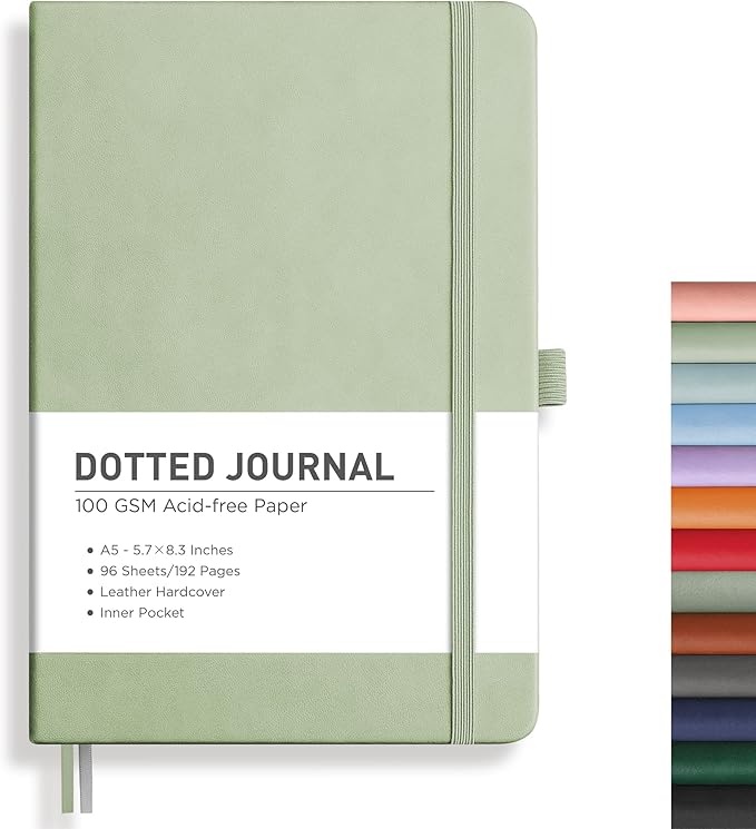 RETTACY Bullet Dotted Journal Notebook, 192 Pages, A5 Medium Size (5.7'' x 8.3''), Leather Hardcover, 100 GSM Thick Paper, for Bullet Journaling, Planning, Tracking (Light Green)-DeskLoop Office