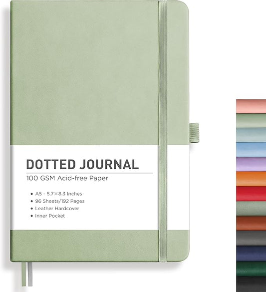 RETTACY Bullet Dotted Journal Notebook, 192 Pages, A5 Medium Size (5.7'' x 8.3''), Leather Hardcover, 100 GSM Thick Paper, for Bullet Journaling, Planning, Tracking (Light Green)-DeskLoop Office