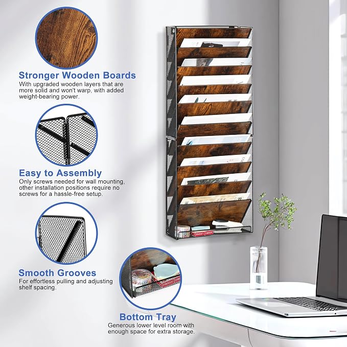 Solinxe 10-Tier Wall File Organizer, Wood Mail Organizer Wall Mounted Paper - Image 5