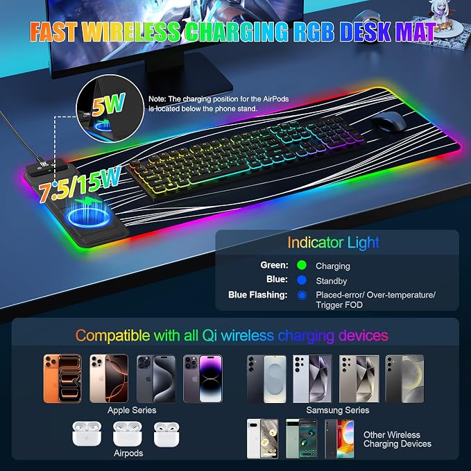 RGB Mouse Pad with Foldable Phone Stand Wireless Charger, 31.5"x11.8" XL Gaming - Image 2