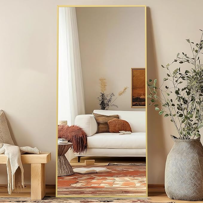 Full Length Mirror with Stand 76"x34" Extra Large Gold Floor Mirror, Rectangle Standing Mirror for Living Room Bedroom Cloakroom Gym, Thin Aluminum Frame, Tempered Glass-DeskLoop Office