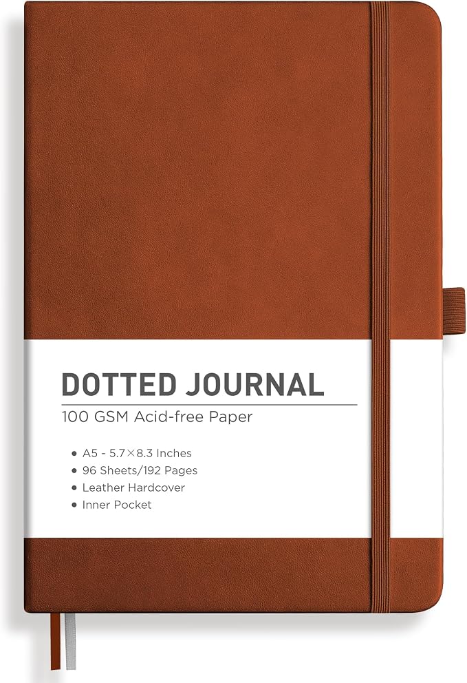 RETTACY Dotted Journal Notebook, 192 Pages, A5 Medium Size, Leather Hardcover by RETTACY