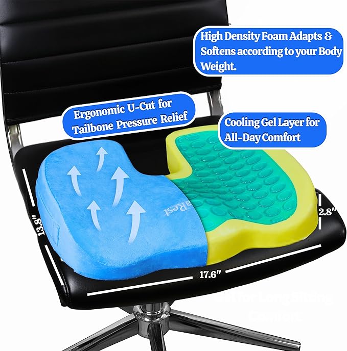LuminaRest® Gel Enhanced Seat Cushion for Long Sitting – CertiPUR-US® Certified Memory Foam – Tailbone Pain Relief Cushion, Adaptable for Office, Car, Airplane & Wheelchair – (Blue)-DeskLoop Office