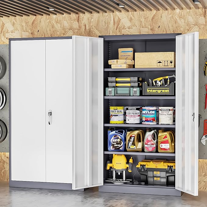 INTERGREAT Storage Cabinets with Doors and Shelves, 72“ Steel Tool Locking Cabinet, Metal Storage Cabinet for Home Office, Warehouse, School, Grey White-DeskLoop Office