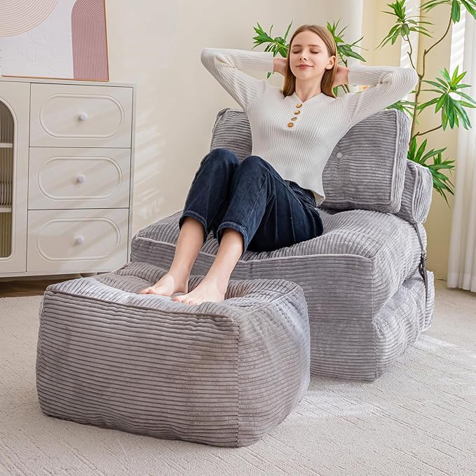 HIGOGOGO Square Stuffed Pouf Ottoman, Corduroy Poufs with Foam Chunk Filling, Furry and Fluffy Pouf Foot Stool Storage Ottoman, 21 X 21 Floor Poufs Foot Rest for Living Room, Grey-DeskLoop Office