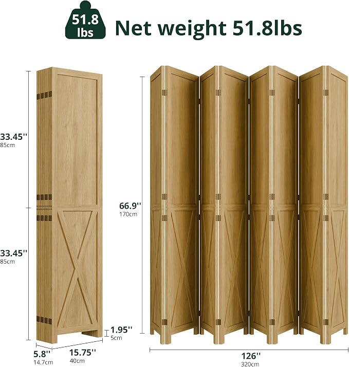 Cozy Castle Wood Room Divider, 8 Panels Folding Privacy Screen, 66.9'' Wall - Image 2
