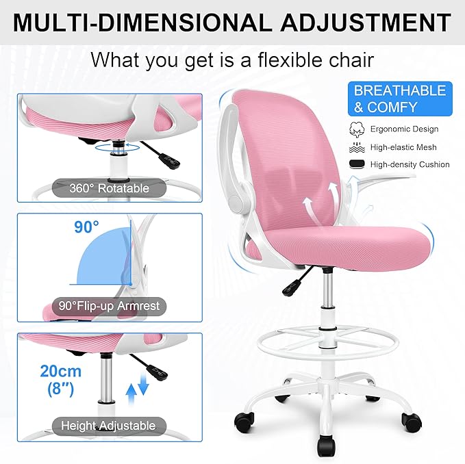 Primy Drafting Chair Tall Office Chair with Flip-up Armrests Executive Ergonomic Computer Standing Desk Chair with Lumbar Support and Adjustable Footrest Ring (Pink)-DeskLoop Office