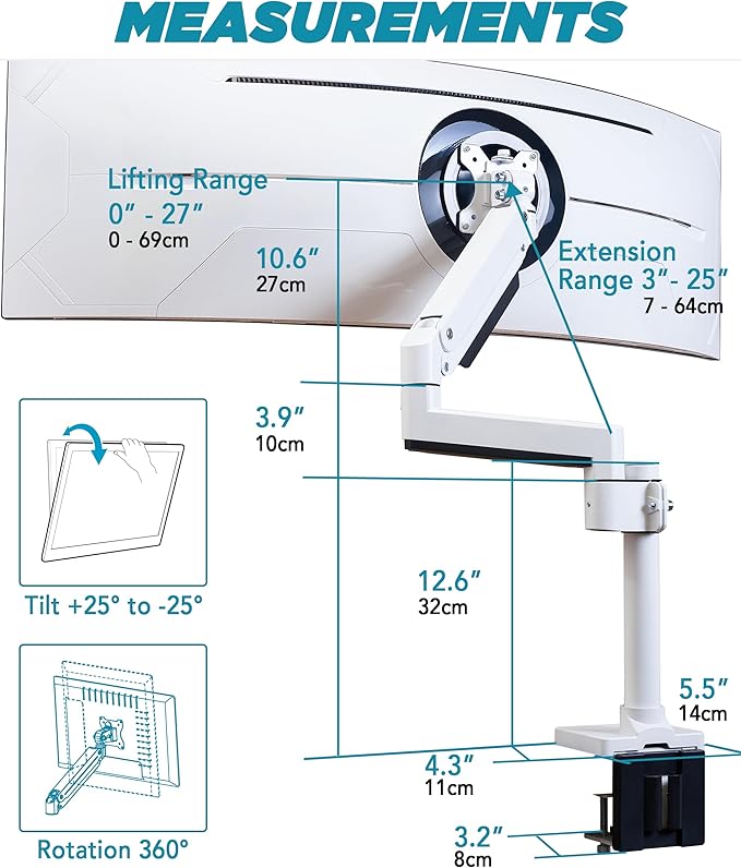 Heavy Duty Monitor Arm for Ultrawide Monitors up to 57" and 44 lbs, Single Desk Stand, Pneumatic Height Adjustable, Modular Extension Arms - Max VESA 100x100, White, MA20PW-S-DeskLoop Office