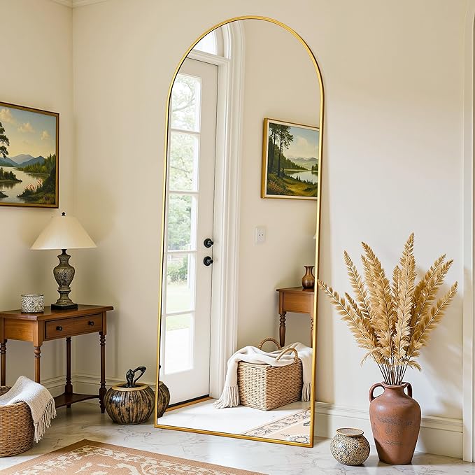 Full Length Mirror, 58"x21" Oversized Floor Mirror Freestanding, Full Body Mirror Floor Standing Mirrors with Stand, Hanging Mounted Mirrors for Bedroom Living Room, Gold, Arched Style-DeskLoop Office