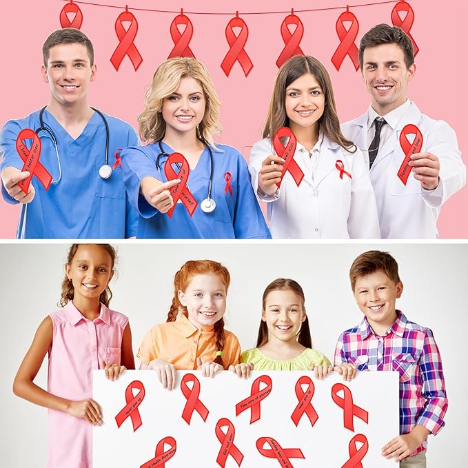 Kosiz 100 Pack Large Red Ribbon Awareness Set 100 Red Ribbon Week Cutouts Drug Free Heart Disease HIV Aids Awareness Items 2 Marker Pens 100 Wooden Clips with Rope for Public Charity Party Supplies-DeskLoop Office