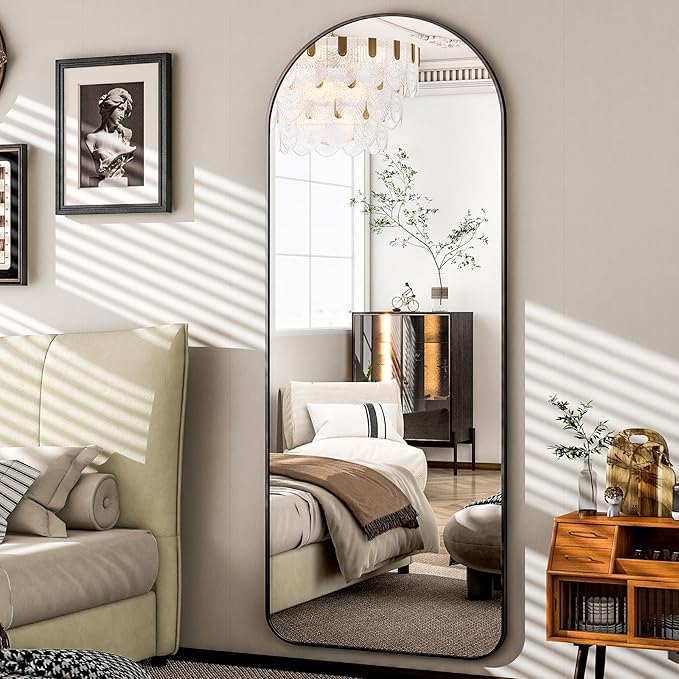 HARRITPURE Arched Full Length Mirror - 64" x 21" Large Floor Mirror Aluminum Frame Dressing Mirror with Stand for Bedroom/Living Room Wall Mounted, Black-DeskLoop Office