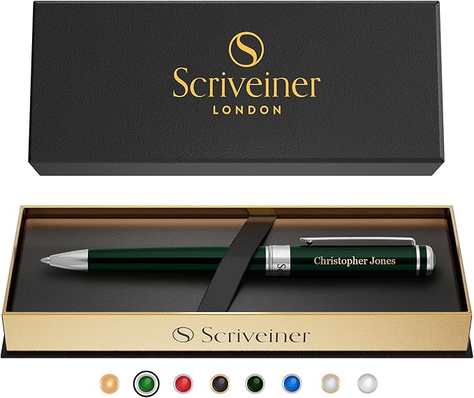 Scriveiner Personalized British Racing Green Pen - Stunning Green Lacquer Luxury Pen with Chrome Finish, Schmidt Ink Refill, Best Engraved Ball Point Gift Set for Men & Women, Custom Name Engraving-DeskLoop Office