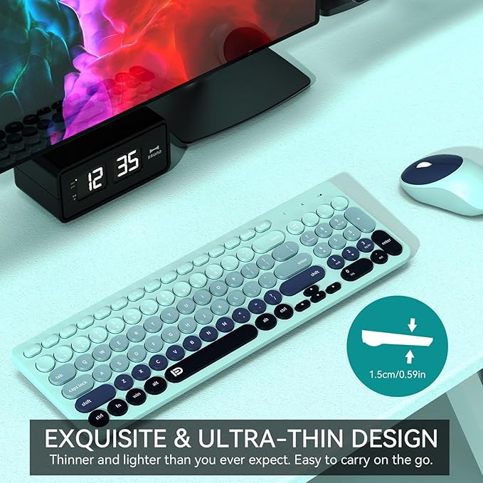 FD Wireless Keyboards and Mouse Combo - 2.4GHz USB Cordless, Cute Wireless Keyboard Round Keys, Quiet and Slim Set for Laptop, Computer, TV and Mac - Indigo Blue Colorful-DeskLoop Office