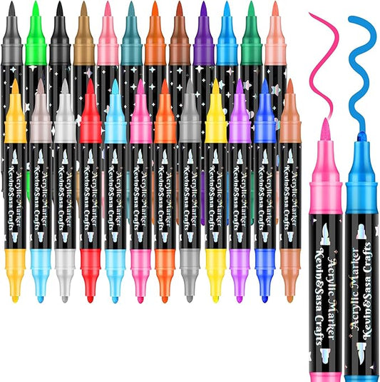 24 Colors Dual Tip Acrylic Paint Marker Pens Set, Professional Acrylic Paint by KEVINSASACRAFTS