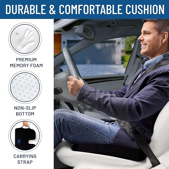 Everlasting Comfort Memory Foam Car Seat Cushion for Long Driving - Back Pain, Sciatica, Tailbone Pain Relief - Adult Booster Wedge Seat Cushions for Car, Truck Seats - Non-Slip, Washable Cover-DeskLoop Office