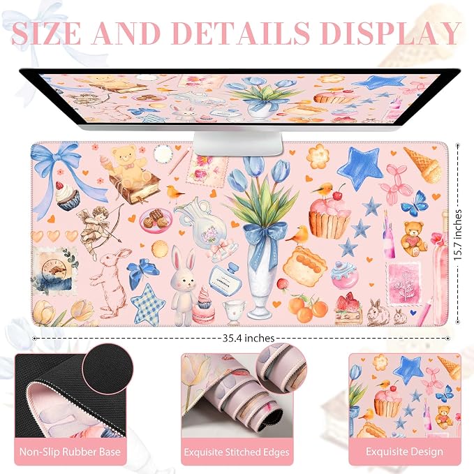 iCasso Pink Desk Mat, Cute Aesthetic Large Mouse Pad, Waterproof Keyboard Pad - Image 2