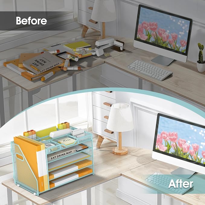5 Tier Paper Letter Tray with File Holder and 3 Drop-in Pen Holders, Mesh Desk - Image 5