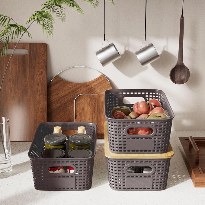 6Pcs Storage Bins with Lids, Stackable Plastic Storage Basket with Bamboo Lid - Image 6