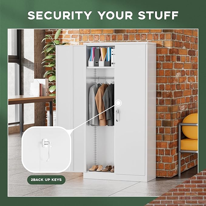 Greenvelly Metal Wardrobe Cabinet with Locking Doors, 72"H White Metal Wardrobe Closet with Hanging Rods and Adjustable Shelves, Clothing Storage Closet for Home, Office, Employee, Gym (16" D x 32" W)-DeskLoop Office