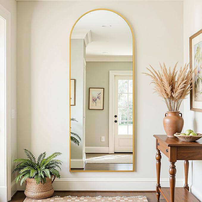 Full Length Mirror, 58"x21" Oversized Floor Mirror Freestanding, Full Body Mirror Floor Standing Mirrors with Stand, Hanging Mounted Mirrors for Bedroom Living Room, Gold, Arched Style-DeskLoop Office