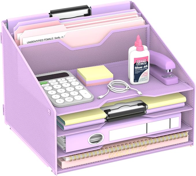 Desk File Organizer, 4 Letter Trays and 2 Upright Sections, school and by Unknown