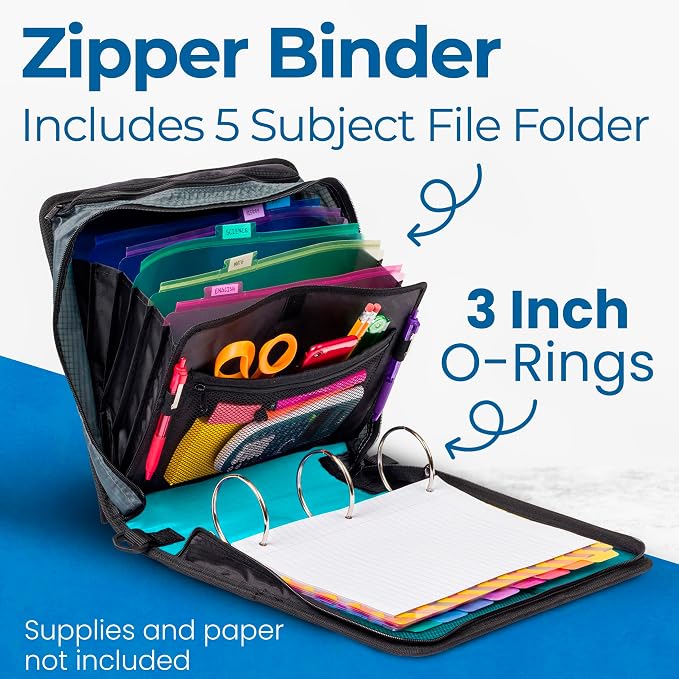 Case-it Mighty Zip Tab School Zipper Binder | 3-Inch O-Rings, 600-Sheet Capacity - Image 2