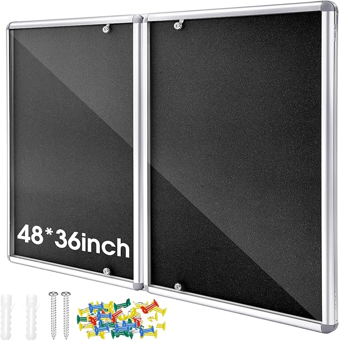 Enclosed Bulletin Board 48" x 36" Weather Resistant Lockable Notice Cork Display Board Wall Mounted 2 Locking Door for School Classroom Commercial Back to School, 12 x A4(Black, Silver Frame)-DeskLoop Office