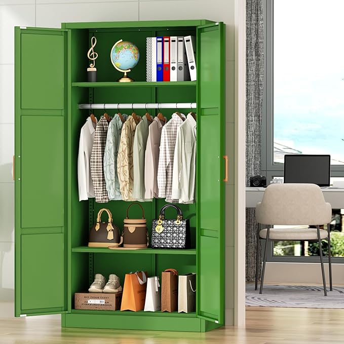 Greenvelly Metal Storage Wardrobe Cabinet with Lock, 71" Green Metal Wardrobe Closet for Hanging Clothes with Doors and Shelves, Modern Steel Clothes Closet for Home, Office and Bedroom, School,Gym-DeskLoop Office